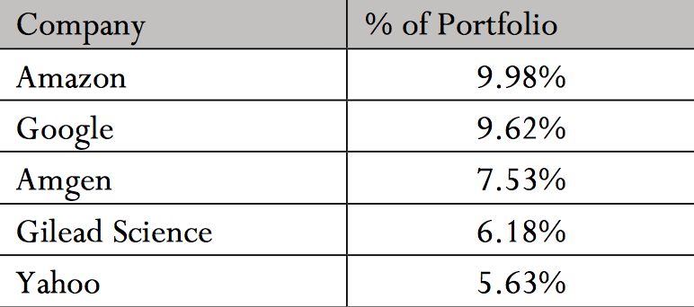 Amazon 9.98%, Google 9.62%, Amgen 7.53%, Gilead Science 6.18%, Yahoo 5.63%
